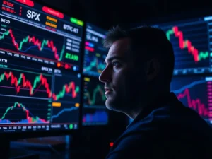 Analyst reviewing Bitcoin and stock market price predictions on a financial dashboard during volatile 2026 trading.
