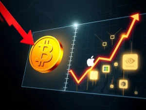 Bitcoin risk analysis showing correlation with falling tech stock market charts