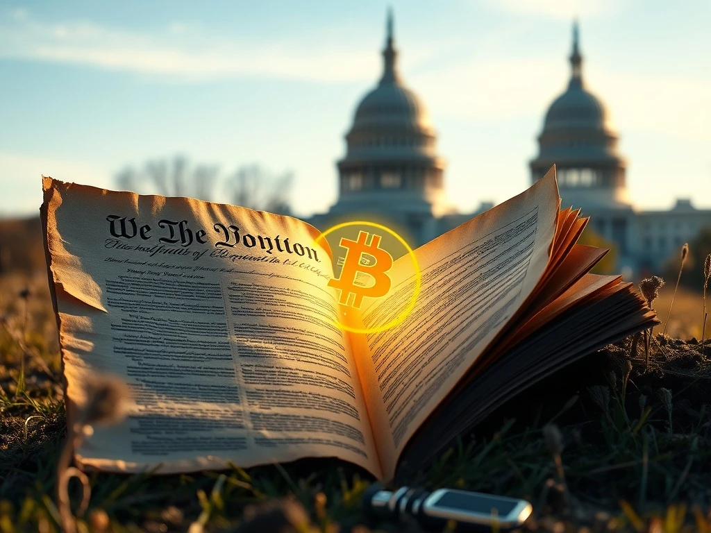 U.S. Constitution with Bitcoin symbol representing the new Bitcoin tax bill and Strategic Reserve proposal.