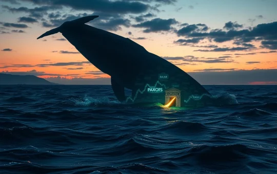Symbolic representation of a dormant Bitcoin whale moving $219 million to Paxos, indicating major market activity.