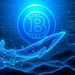 Bitcoin whale exchange ratio and network hashpower surge visualized as data flows and a digital whale.