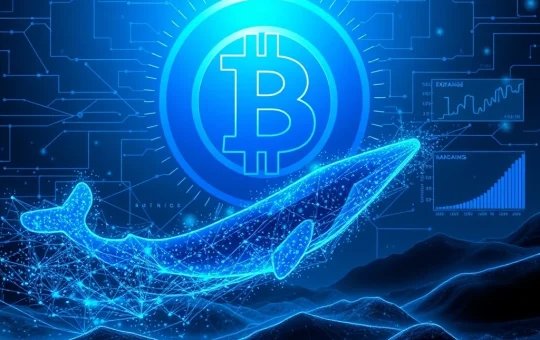 Bitcoin whale exchange ratio and network hashpower surge visualized as data flows and a digital whale.