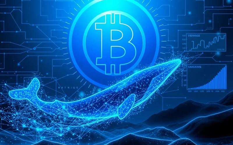 Bitcoin whale exchange ratio and network hashpower surge visualized as data flows and a digital whale.