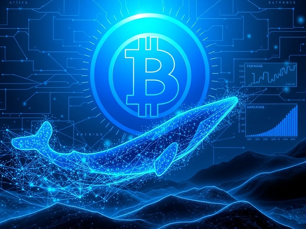 Bitcoin whale exchange ratio and network hashpower surge visualized as data flows and a digital whale.