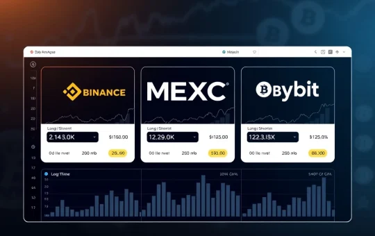 Data visualization of BTC perpetual futures long/short ratios across major cryptocurrency exchanges showing balanced market sentiment