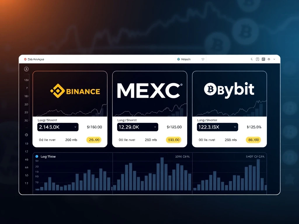 Data visualization of BTC perpetual futures long/short ratios across major cryptocurrency exchanges showing balanced market sentiment