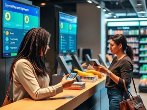 Business crypto payment testing at a modern retail checkout with digital currency options