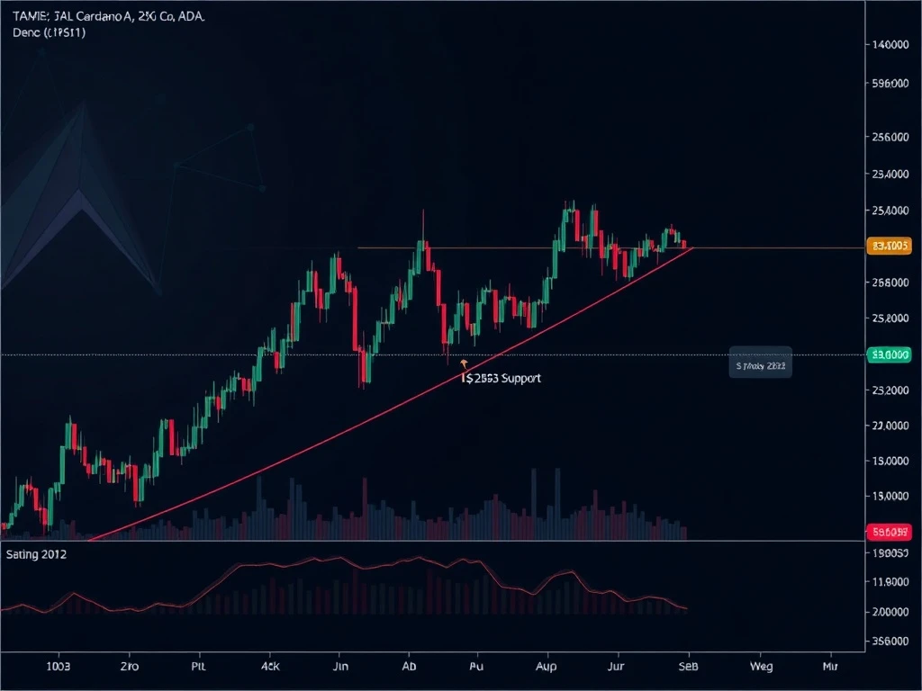 Cardano ADA price chart showing falling wedge pattern and $0.2503 support level analysis for potential breakout