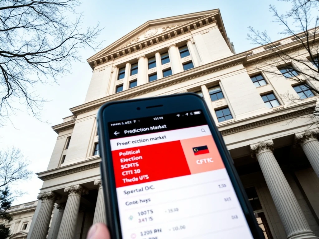CFTC headquarters with prediction market app showing regulatory shift for political and sports betting