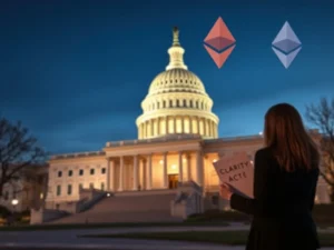 Caitlin Long discusses CLARITY Act complications from Trump-linked cryptocurrency controversies at US Capitol