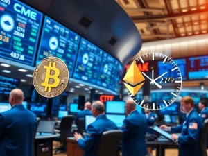 CME Group trading floor with cryptocurrency market data displays for 24/7 crypto futures launch