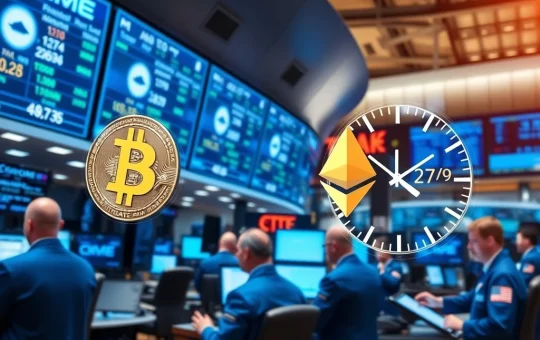 CME Group trading floor with cryptocurrency market data displays for 24/7 crypto futures launch