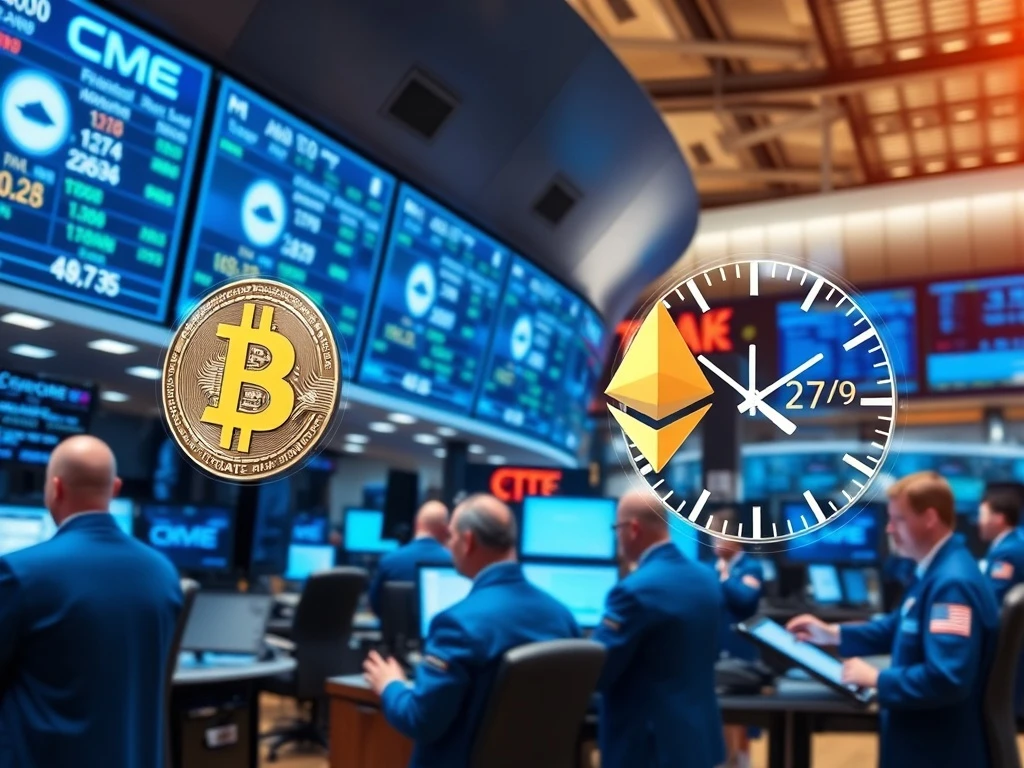 CME Group trading floor with cryptocurrency market data displays for 24/7 crypto futures launch
