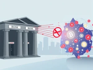 Illustration of Australian Big Four banks systemically debanking the cryptocurrency sector, blocking digital finance access.