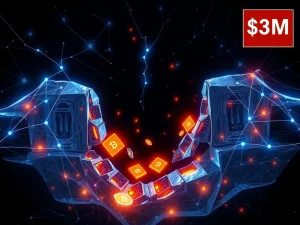 Illustration of a cross-chain bridge vulnerability causing $3 million in cryptocurrency losses for CrossCurve protocol.