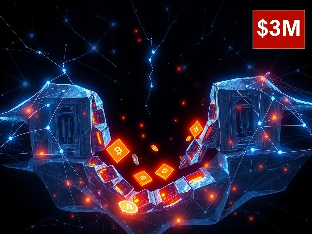 Illustration of a cross-chain bridge vulnerability causing $3 million in cryptocurrency losses for CrossCurve protocol.