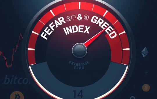 Visualization of the Crypto Fear & Greed Index stuck at 14, indicating extreme fear in cryptocurrency markets.