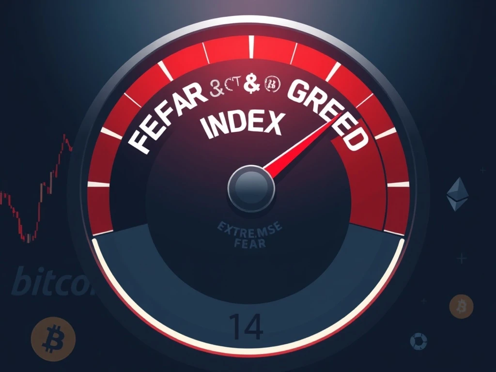 Visualization of the Crypto Fear & Greed Index stuck at 14, indicating extreme fear in cryptocurrency markets.