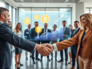 Professionals closing a deal with cryptocurrency charts in the background, representing the surge in crypto funding.