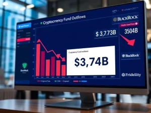 Data visualization showing $3.74 billion in crypto fund outflows reported by CoinShares, indicating institutional selling pressure.