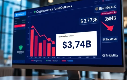 Data visualization showing $3.74 billion in crypto fund outflows reported by CoinShares, indicating institutional selling pressure.