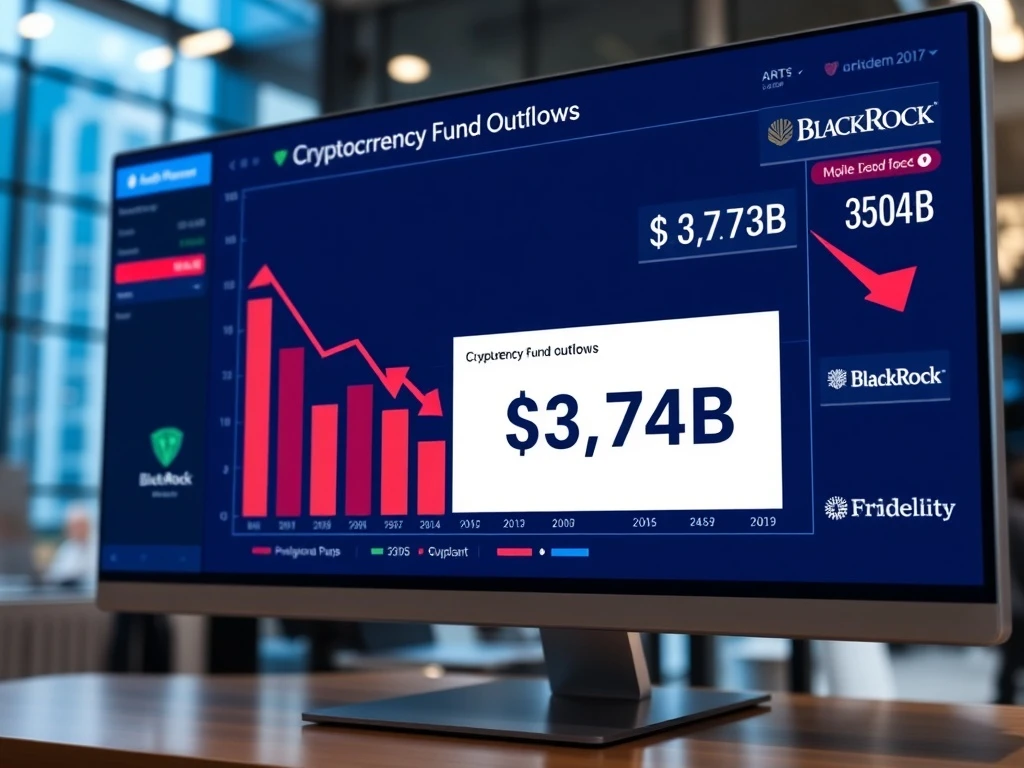 Data visualization showing $3.74 billion in crypto fund outflows reported by CoinShares, indicating institutional selling pressure.
