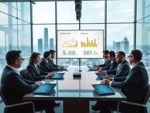 Senior executives analyzing crypto infrastructure investment data during strategic meeting
