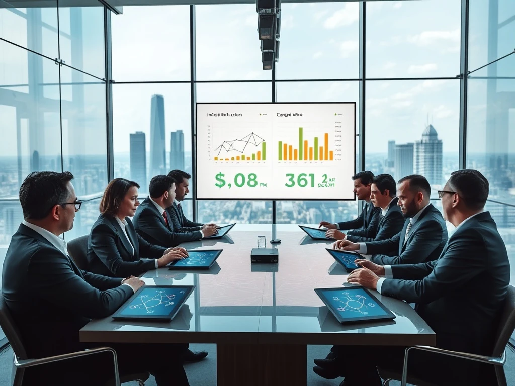 Senior executives analyzing crypto infrastructure investment data during strategic meeting