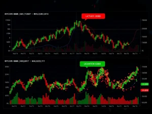 Cryptocurrency liquidation analysis showing Bitcoin, Ethereum, BNB, and Dogecoin market tension and potential breakout patterns