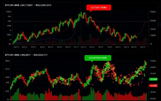 Cryptocurrency liquidation analysis showing Bitcoin, Ethereum, BNB, and Dogecoin market tension and potential breakout patterns