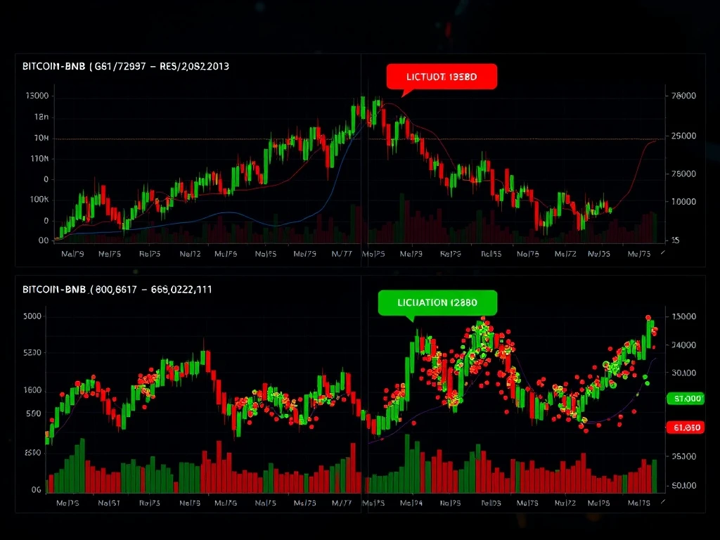 Cryptocurrency liquidation analysis showing Bitcoin, Ethereum, BNB, and Dogecoin market tension and potential breakout patterns