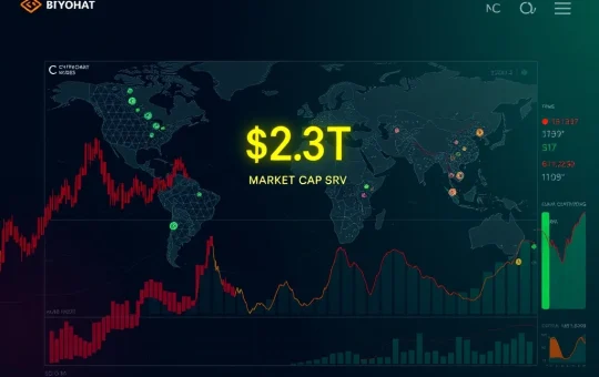Cryptocurrency market dashboard showing $2.3 trillion market cap amid mixed price signals and bearish sentiment indicators