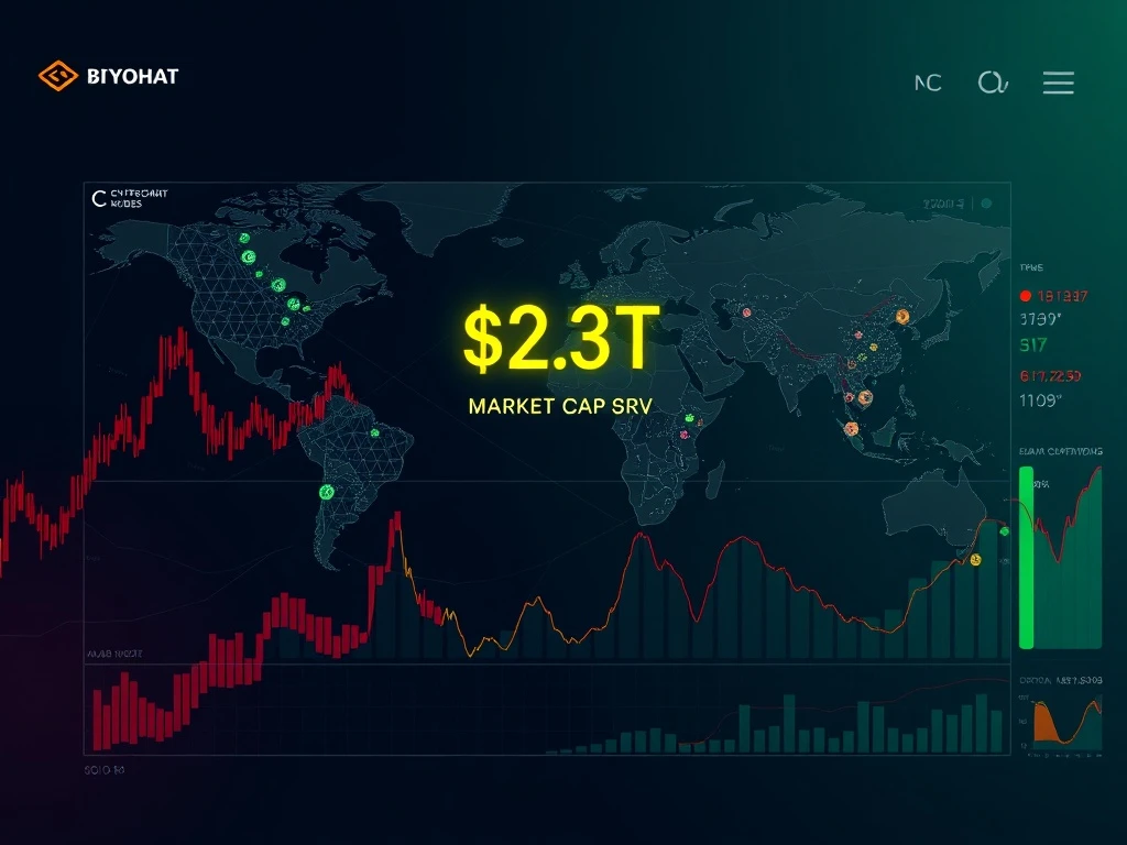 Cryptocurrency market dashboard showing $2.3 trillion market cap amid mixed price signals and bearish sentiment indicators