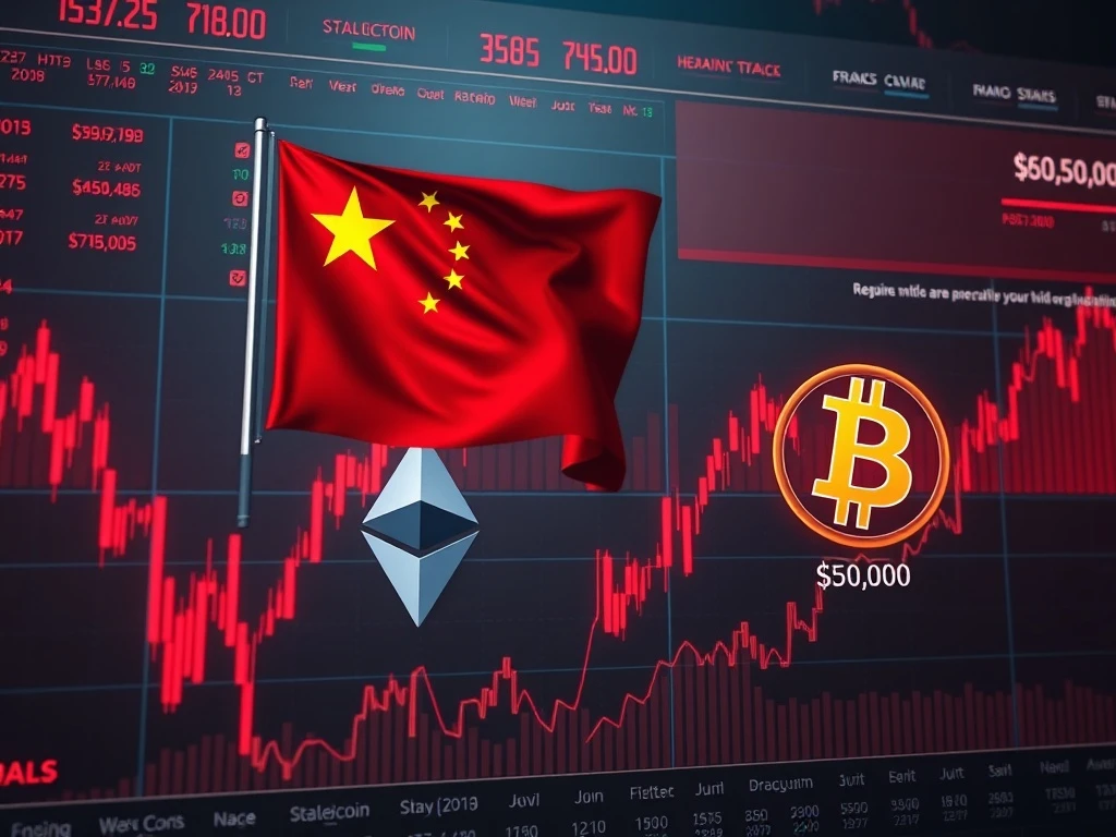 Crypto news today showing market crash due to China's stablecoin ban and major Ethereum liquidation.