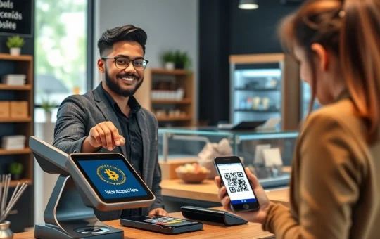 A business owner in 2025 accepts a crypto payment, symbolizing mainstream adoption of digital currency transactions.