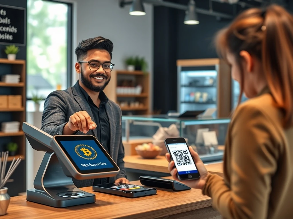A business owner in 2025 accepts a crypto payment, symbolizing mainstream adoption of digital currency transactions.