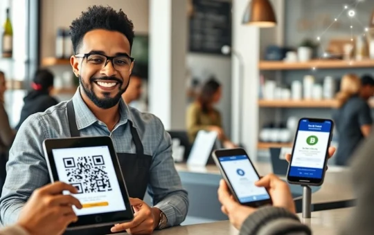 Business owner and customer completing a crypto payment transaction in a modern store, symbolizing mainstream adoption.