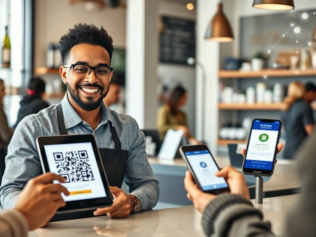 Business owner and customer completing a crypto payment transaction in a modern store, symbolizing mainstream adoption.