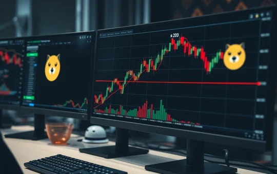 Dogecoin technical analysis showing price testing trendline support with weakening momentum indicators