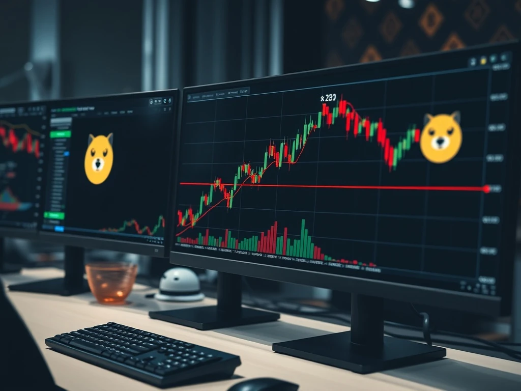 Dogecoin technical analysis showing price testing trendline support with weakening momentum indicators