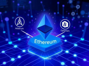 Ethereum L2 scaling debate visualized with interconnected blockchain layers and network icons.