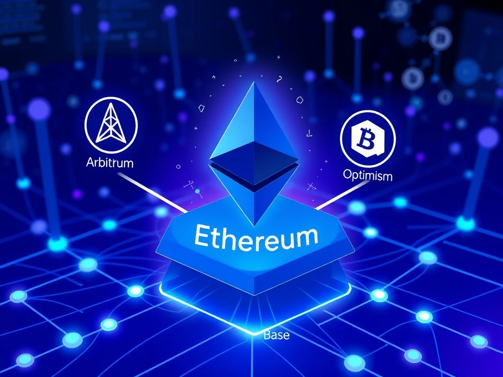 Ethereum L2 scaling debate visualized with interconnected blockchain layers and network icons.