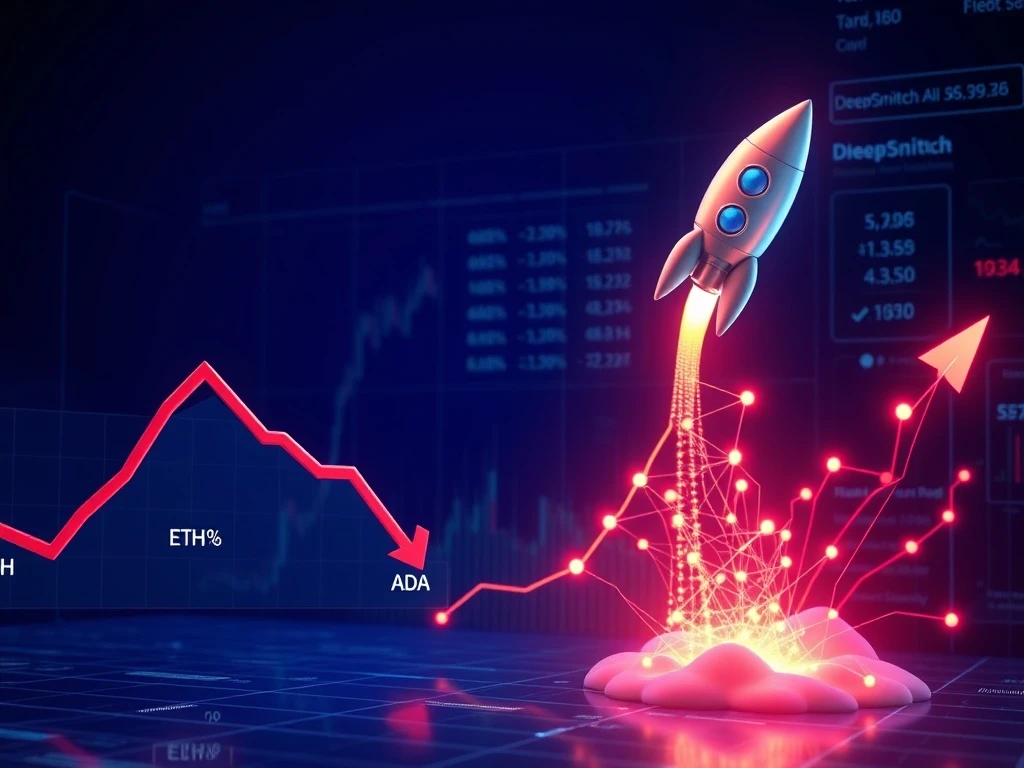 Ethereum news today showing ETH and ADA price decline versus DeepSnitch AI funding growth visualization
