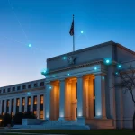 Federal Reserve building with digital blockchain network overlay representing crypto payment access proposal.