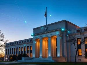 Federal Reserve building with digital blockchain network overlay representing crypto payment access proposal.