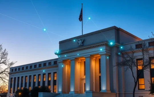 Federal Reserve building with digital blockchain network overlay representing crypto payment access proposal.