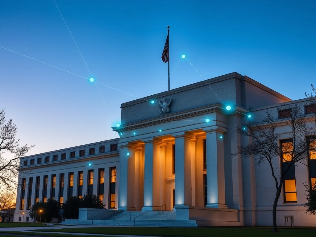 Federal Reserve building with digital blockchain network overlay representing crypto payment access proposal.