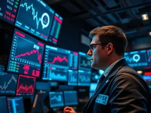 Traders analyzing FOMC meeting data and interest rate cut probabilities on financial monitors.