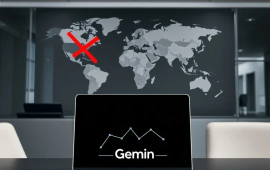 Strategic map showing Gemini crypto exchange exiting UK, EU, and Australia markets