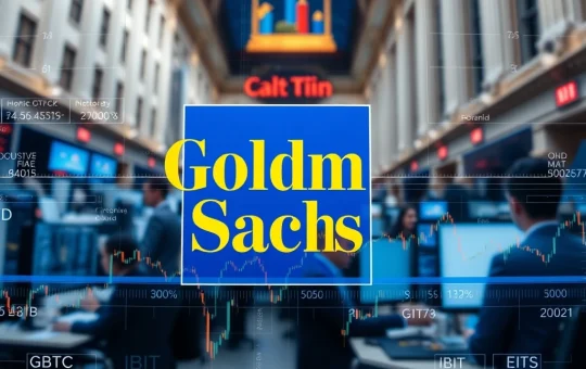 Goldman Sachs crypto exposure strategy through regulated spot Bitcoin ETFs on Wall Street trading screens